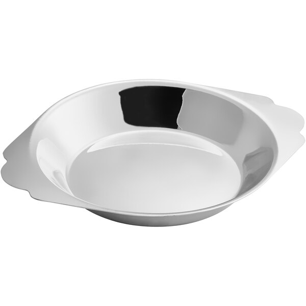A stainless steel round au gratin dish with an 8 oz. capacity.