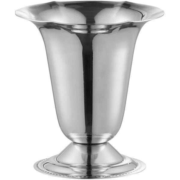 A stainless steel tulip-shaped sundae dish with a flared rim and a sturdy base, holding 6 ounces.