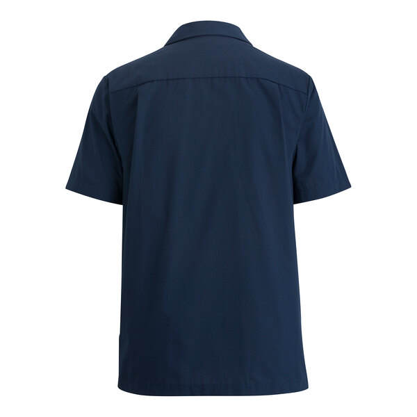 A men's short-sleeve, navy blue, full-zip service or housekeeping shirt made from a poly/cotton blend.