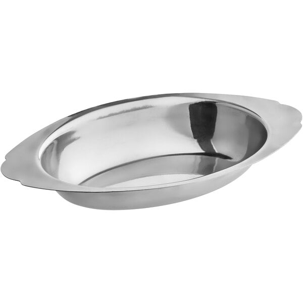 An 8 oz. stainless steel oval au gratin dish.