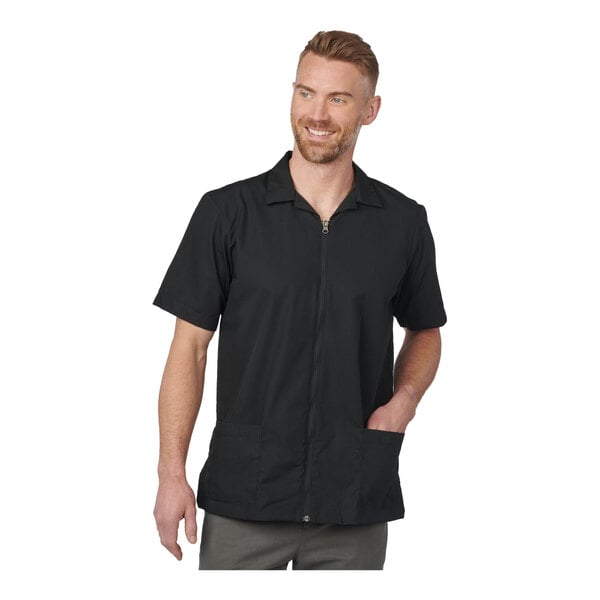 Edwards 4891 Men's Customizable Black Essential Full-Zip Service / Housekeeping Shirt - Poly / Cotton Blend - Large