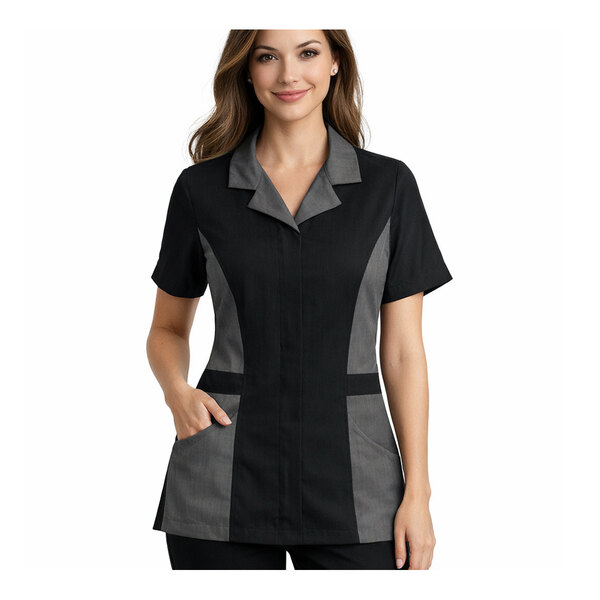 A women's black and gray short-sleeve housekeeping tunic with a collared neckline and front pockets.