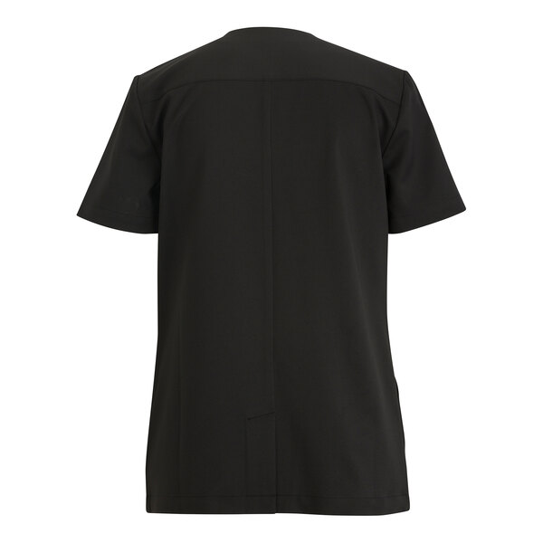 A black, short-sleeve, full-zip housekeeping tunic in medium size made of polyester with moisture-wicking and soil release features.