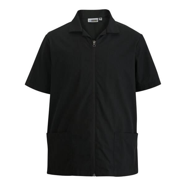 A men's black short-sleeve full-zip service or housekeeping shirt with two front pockets, made from a poly/cotton blend.
