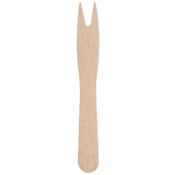 A small, two-pronged wooden tasting pick or French fry fork.