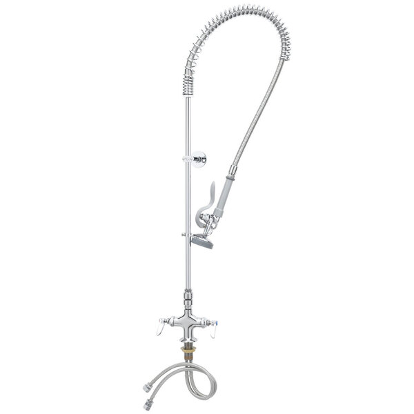 A T&amp;S pre-rinse faucet with a hose and wall bracket.