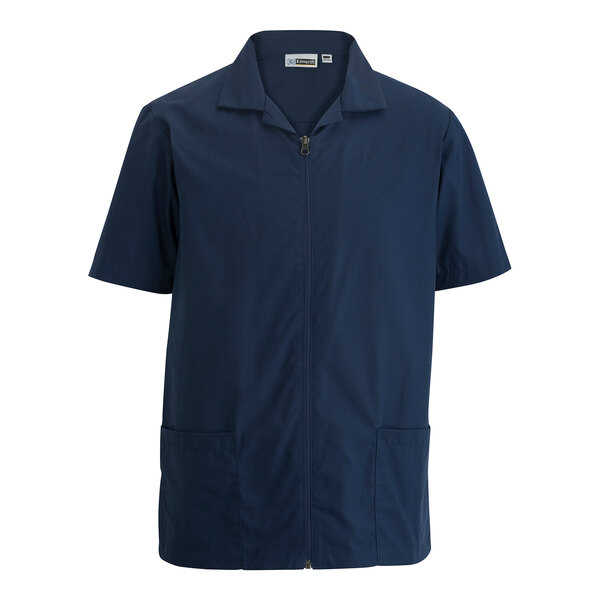 A men's vintage navy short-sleeve full-zip service or housekeeping shirt in an extra large size, made from a poly/cotton blend.