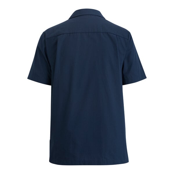 A men's extra large short-sleeve navy blue service or housekeeping shirt made from a poly/cotton blend, shown from the back.