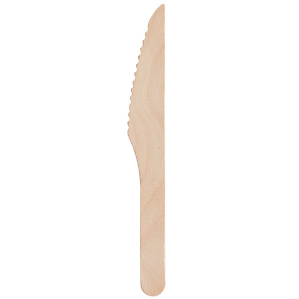 A compostable wooden knife with a serrated edge.