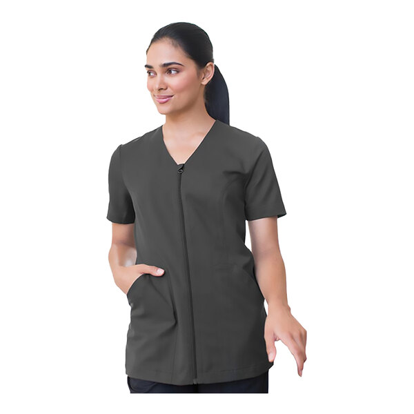 Edwards 7260 Women's Customizable Steel Gray Sorrento Moisture-Wicking Power Stretch Full-Zip Housekeeping Tunic with Soil Release - Polyester - Small
