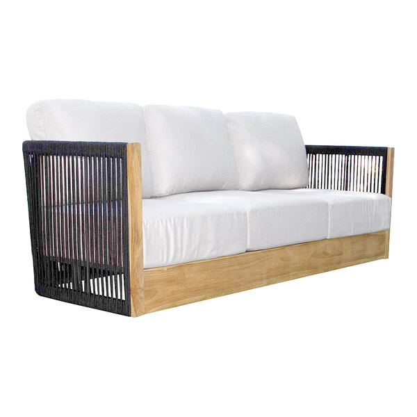 Outdoor Interiors Black Rope and Teak Sofa with Sunbrella Cushions