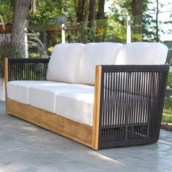 Outdoor Interiors Black Rope and Teak Sofa with Sunbrella Cushions