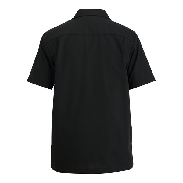 A men's black short-sleeve full-zip service or housekeeping shirt in a poly/cotton blend, shown from the back.