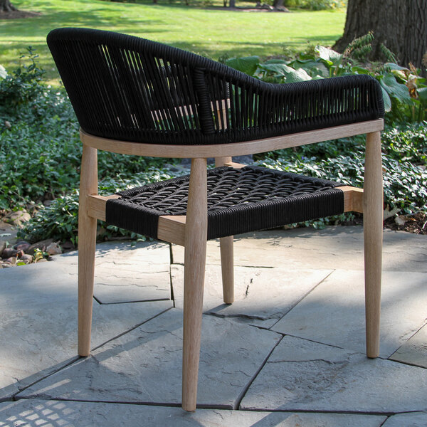 Outdoor Interiors Black Rope and Antique Wash Eucalyptus Dining Chair with Olefin Cushion - 2/Case