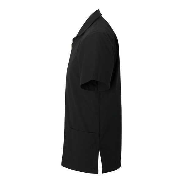 A men's black short-sleeve full-zip service or housekeeping shirt in an extra large size.