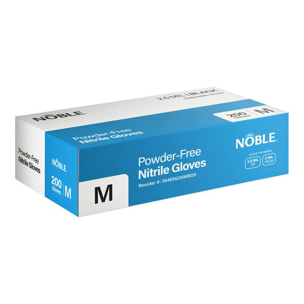 A box of Noble 2.5 mil black all-purpose powder-free disposable nitrile gloves in medium size.