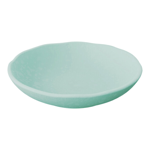 A light aqua melamine bowl with a subtle crackle pattern and a slightly irregular rim.