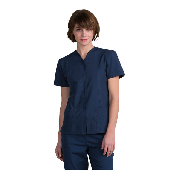 A women's vintage navy snap-front housekeeping tunic in an extra large size, made from a poly/cotton blend.