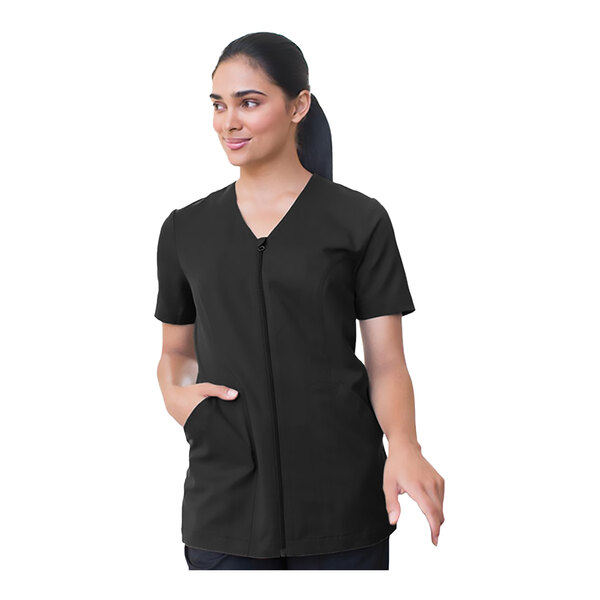 Edwards 7260 Women's Customizable Black Sorrento Moisture-Wicking Power Stretch Full-Zip Housekeeping Tunic with Soil Release - Polyester - Large