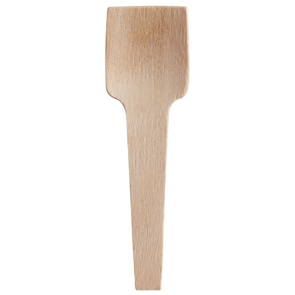 A small, flat, compostable wooden tasting spade or spoon.