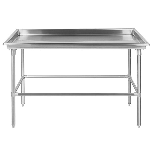 A stainless steel Advance Tabco sorting table with legs.