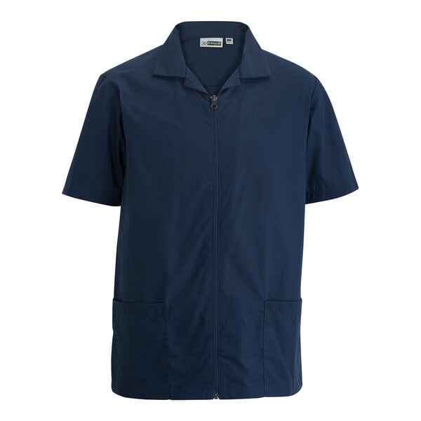 A men's vintage navy short-sleeve full-zip service or housekeeping shirt made from a poly/cotton blend.