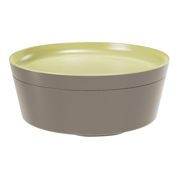 A round green melamine plate or bento box lid.