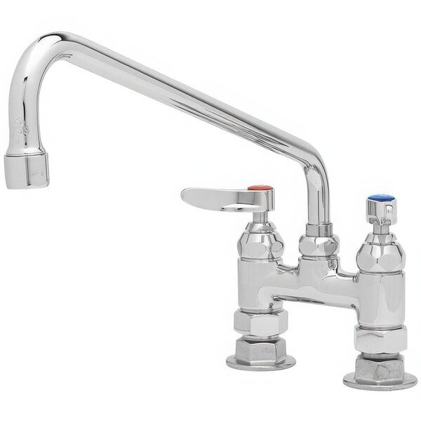 A silver T&S deck-mount faucet with two blue and red knobs.