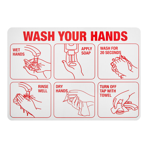 A rectangular white and red safety decal with illustrated instructions for proper hand washing.
