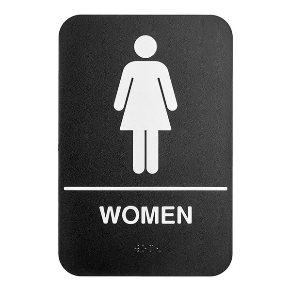 A black and white plastic women's restroom sign with braille.
