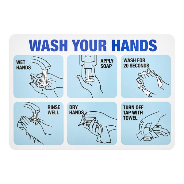 A rectangular white, blue, and black vinyl safety decal displaying illustrated handwashing instructions and the text 'Wash Your Hands.'