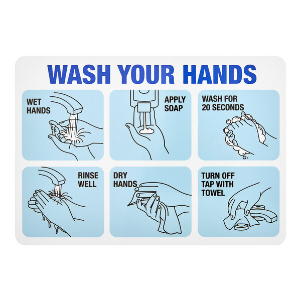 A rectangular white, blue, and black vinyl safety decal with illustrated instructions for proper hand washing.