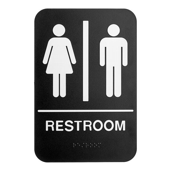 A black and white plastic unisex restroom sign with male and female symbols, the word 'RESTROOM,' and Braille text.