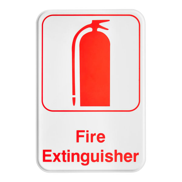 A rectangular red and white plastic sign indicating the location of a fire extinguisher.