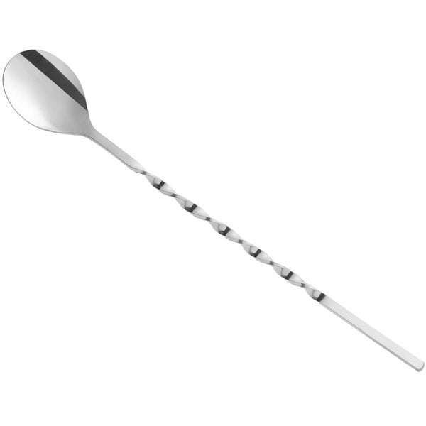 A stainless steel bar spoon with a twisted handle and a round bowl, measuring 10 inches in length.