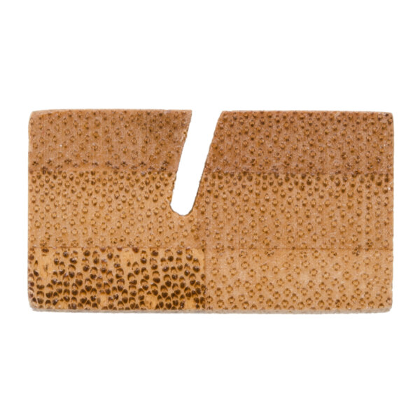 A rectangular natural bamboo card holder with a textured surface and a central notch for holding cards.