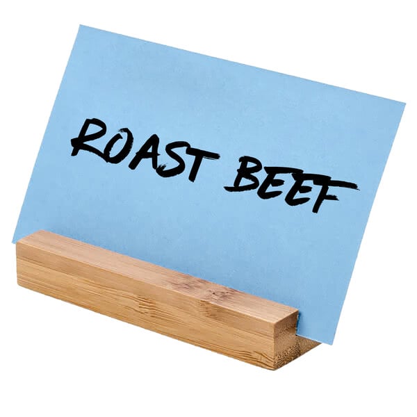 A natural bamboo card holder displaying a blue card labeled 'Roast Beef.'