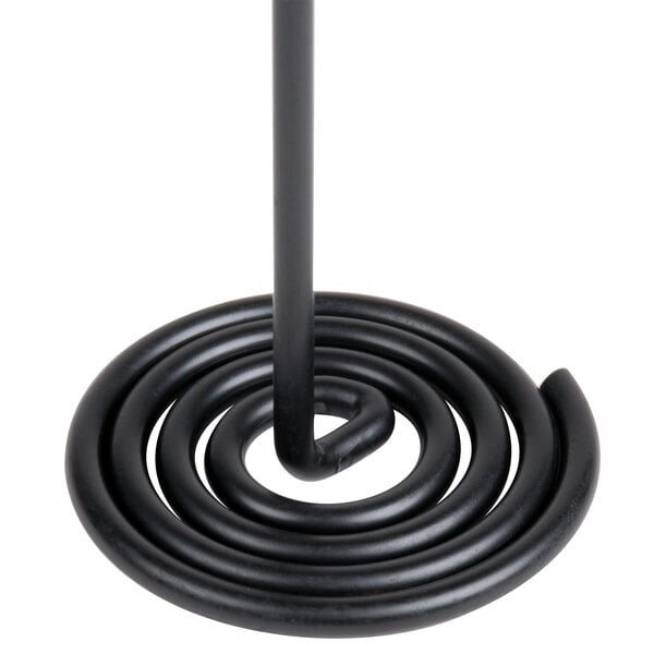 A black metal swirl base card holder.