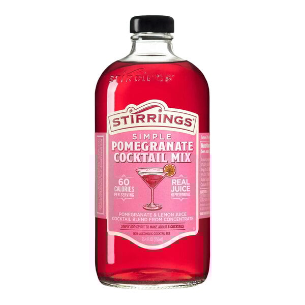 A 750 mL bottle of Stirrings Simple Pomegranate Cocktail Mix.
