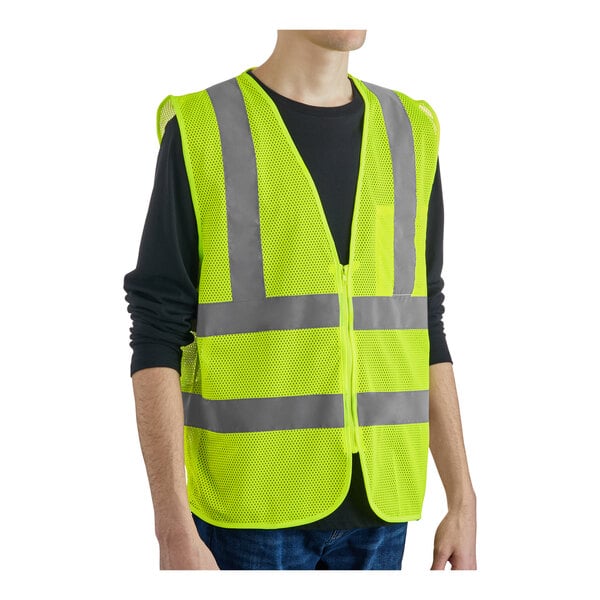A lime high visibility safety vest with reflective stripes and a zipper closure.