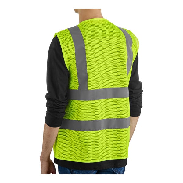 A lime high visibility safety vest with reflective stripes and a zipper closure, shown in extra large size.
