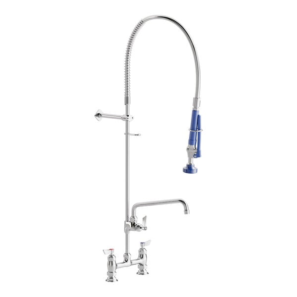 A commercial deck-mount pre-rinse faucet with an 8-inch center, a flexible hose, a blue spray valve, and a 12-inch add-on faucet.