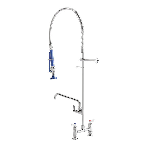 A commercial deck-mount pre-rinse faucet with an 8-inch center and a 12-inch add-on faucet.