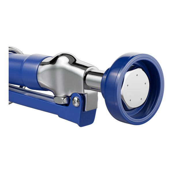 A blue and silver deck-mount pre-rinse faucet with an 8-inch center and a 12-inch add-on faucet.