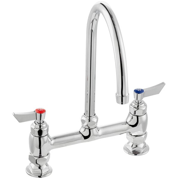 A chrome deck-mount faucet with an 8-inch gooseneck spout, 8-inch centers, and lever handles for hot and cold water.