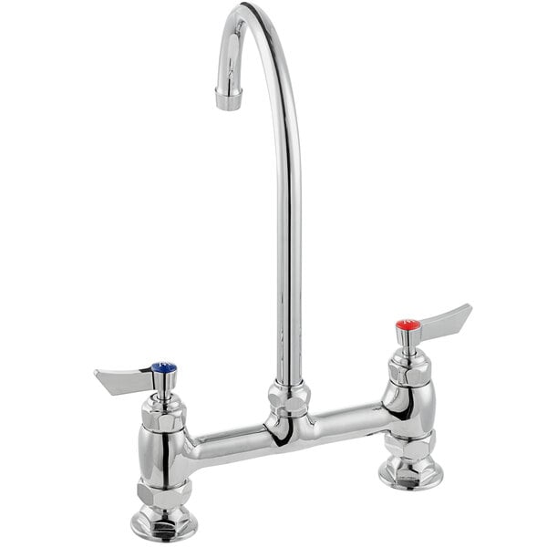 A chrome deck-mount faucet with an 8-inch gooseneck spout, 8-inch centers, and lever handles for hot and cold water.