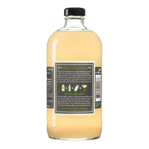 A 750 mL bottle of Stirrings Organic Margarita Mix with a black cap and labeled instructions on the back.