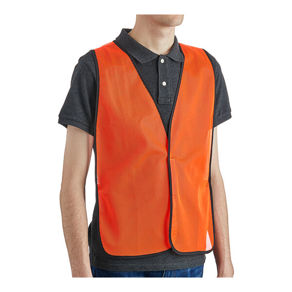 An orange high visibility safety vest with a hook and loop closure, designed to fit most adults.