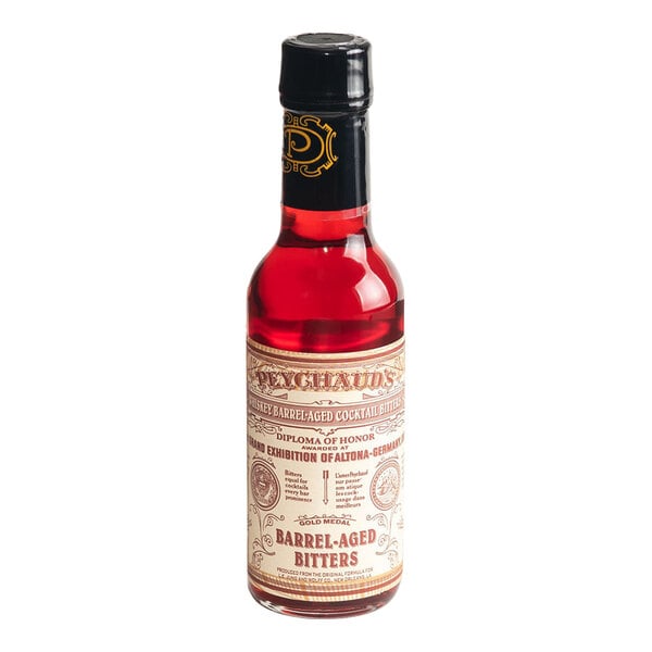 A 5 fl. oz. bottle of Peychaud's Barrel-Aged Aromatic Cocktail Bitters.