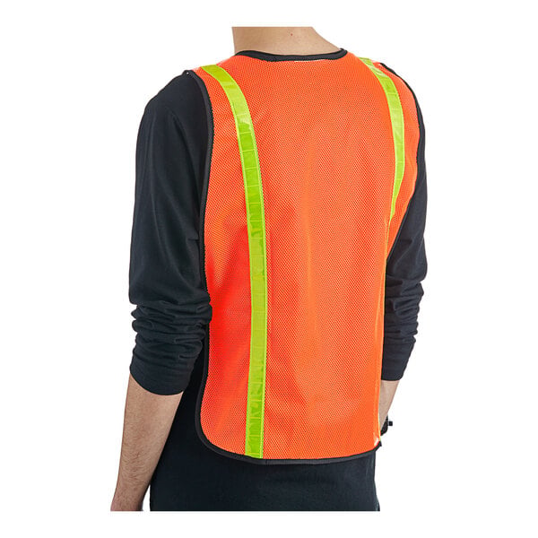 An orange high visibility safety vest with yellow reflective stripes, designed to fit most sizes.